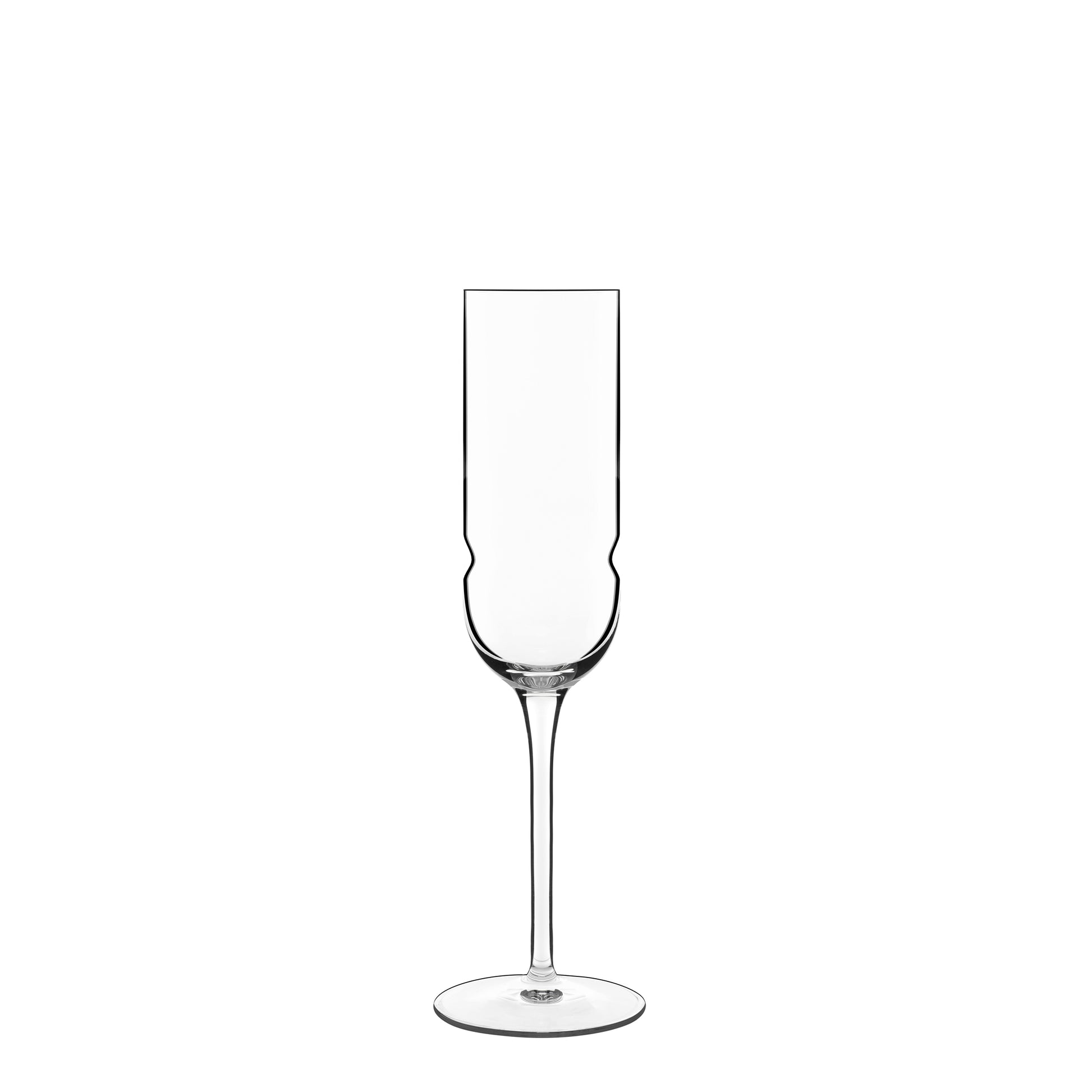A single clear Grandioso champagne flute with a long stem, designed for serving sparkling wine made from high-tech crystal glass on a white background.
