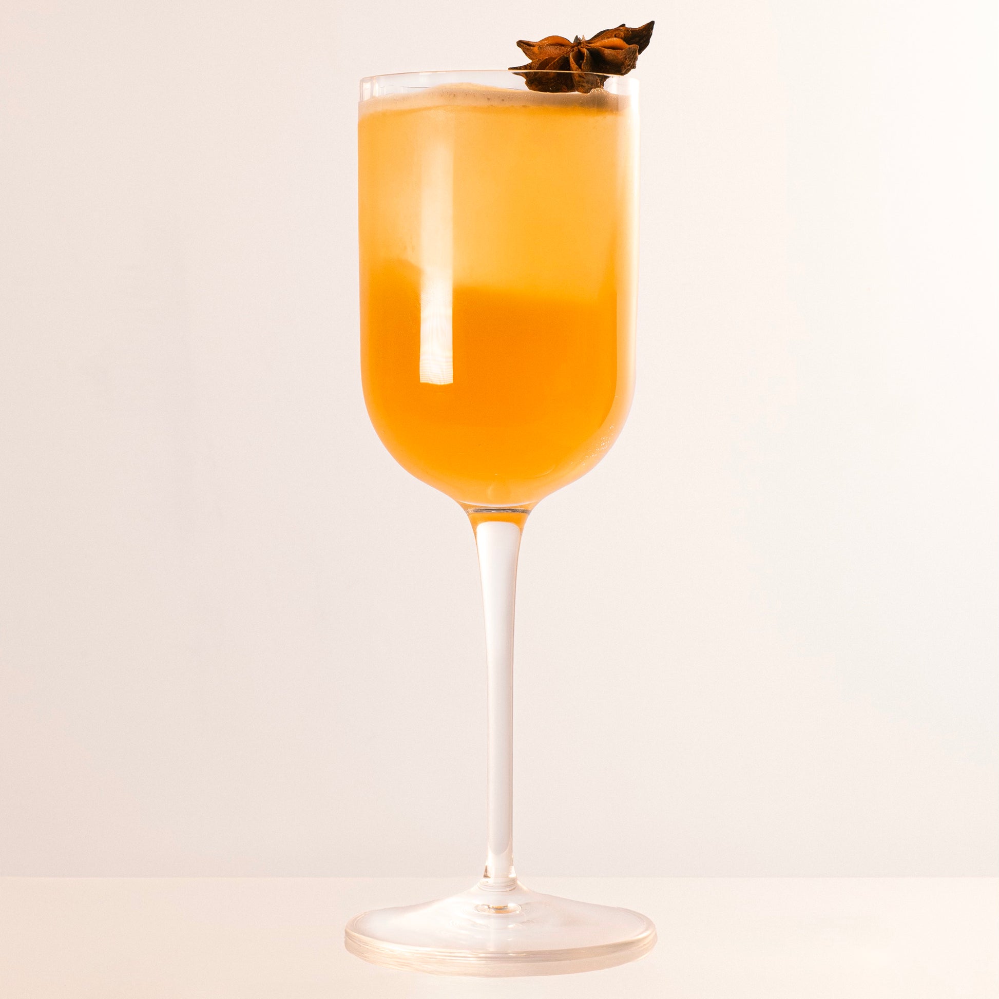 Jazz Negroni Cocktail Glass filled with a bright orange cocktail and garnished with dry Anise on a light background