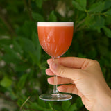 Hand holding a glass of pink cocktail with green foliage in the background