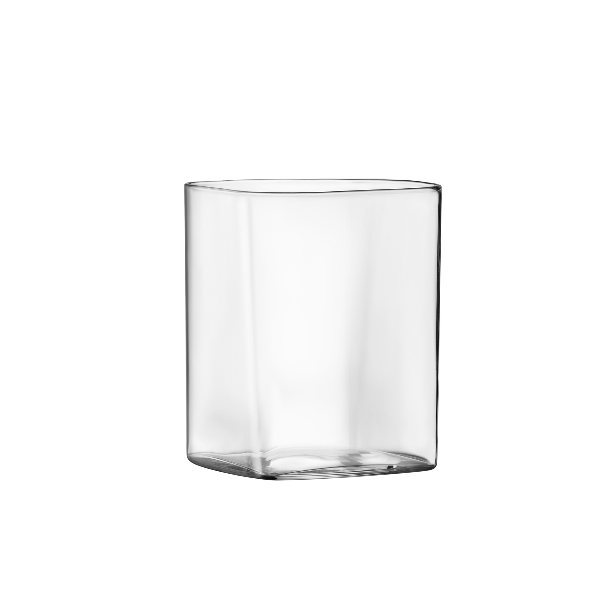 A clear Top Class Square Rocks glass by Luigi Bormioli on a white background