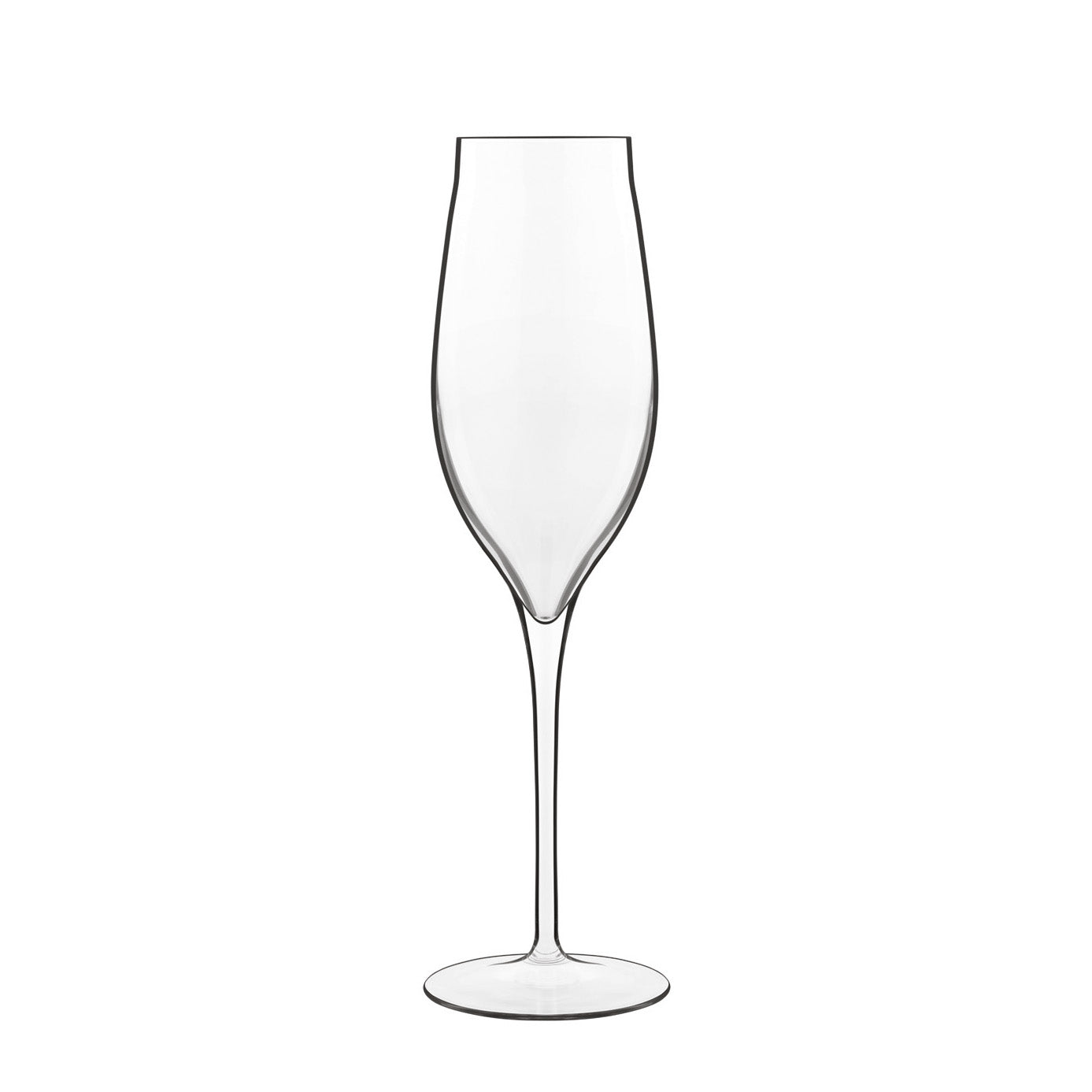 A clear Vinea Prosecco flute glass for sparkling wine with a tapered design, and a thing pulled stem, made from high-tech crystal glass
