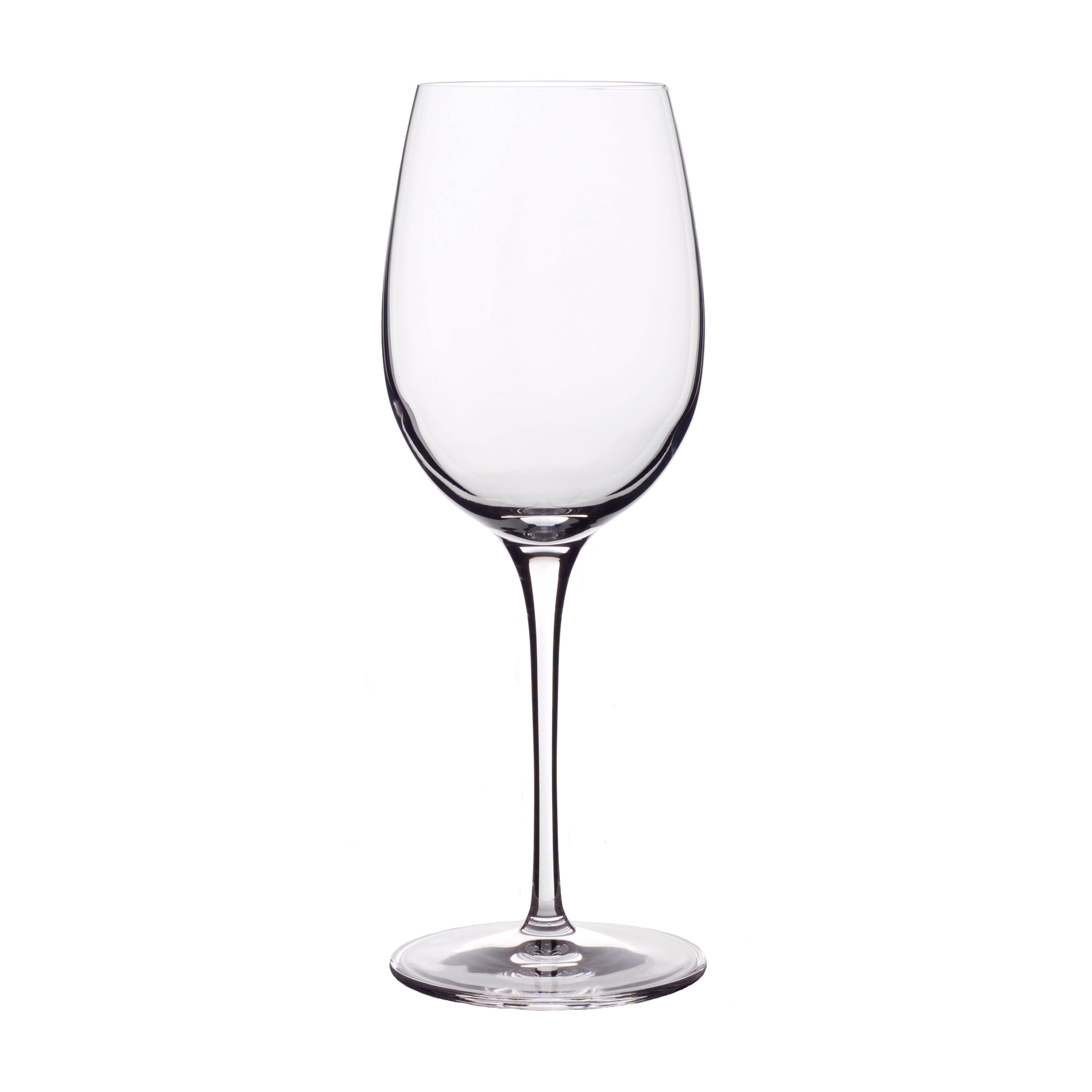 A clear Vinoteque Fragrante red wine glass with a long pulled stem, and thin rims, made from high-tech crystal glass on a white background