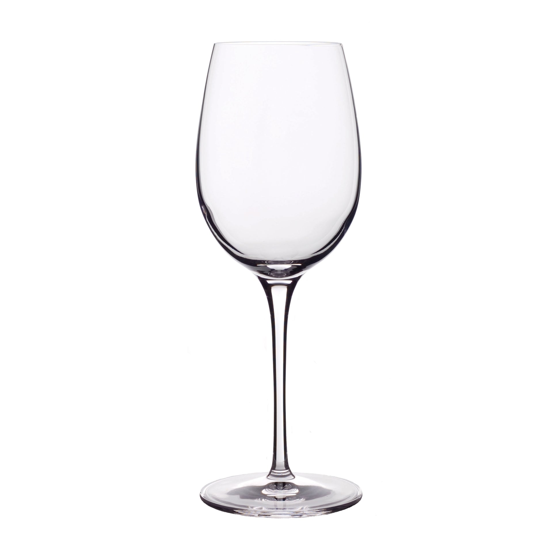 A clear Vinoteque Fragrante red wine glass with a long pulled stem, and thin rims, made from high-tech crystal glass on a white background