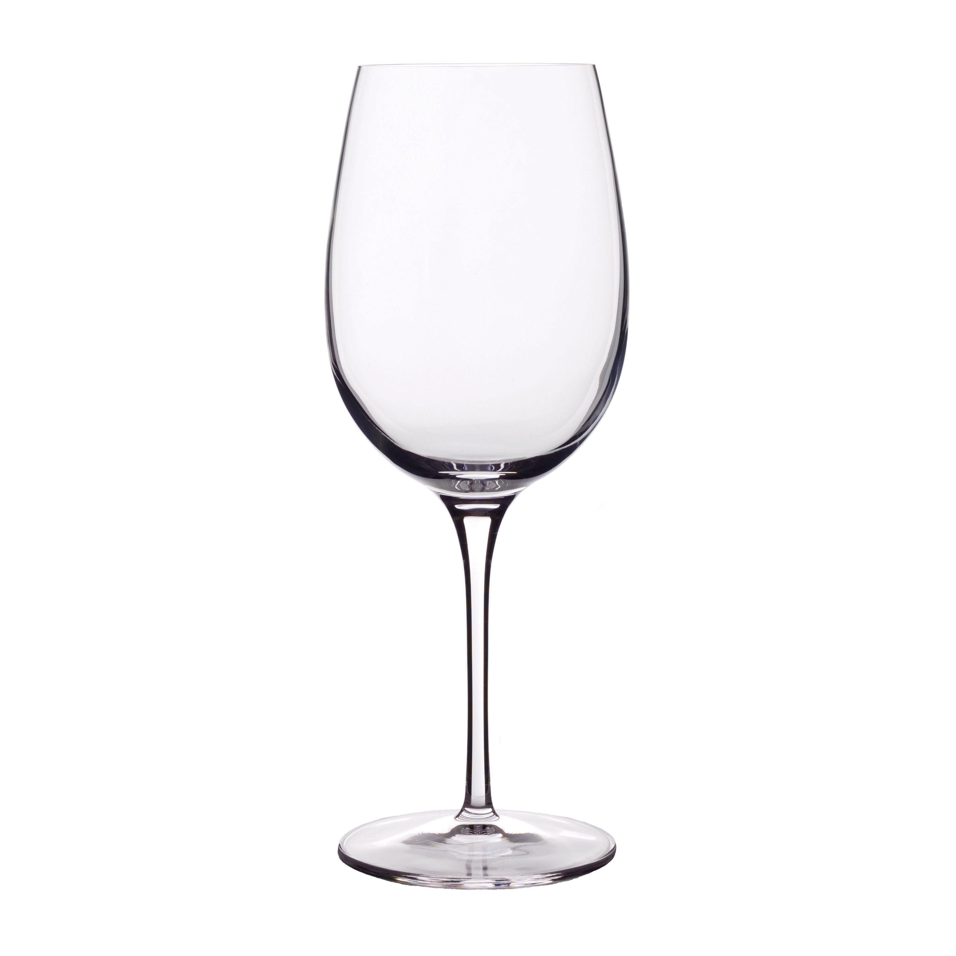 A clear, Vinoteque Ricco red wine glass with a round shape and a long stem and flat foot, made from high-tech crystal glass on a white background