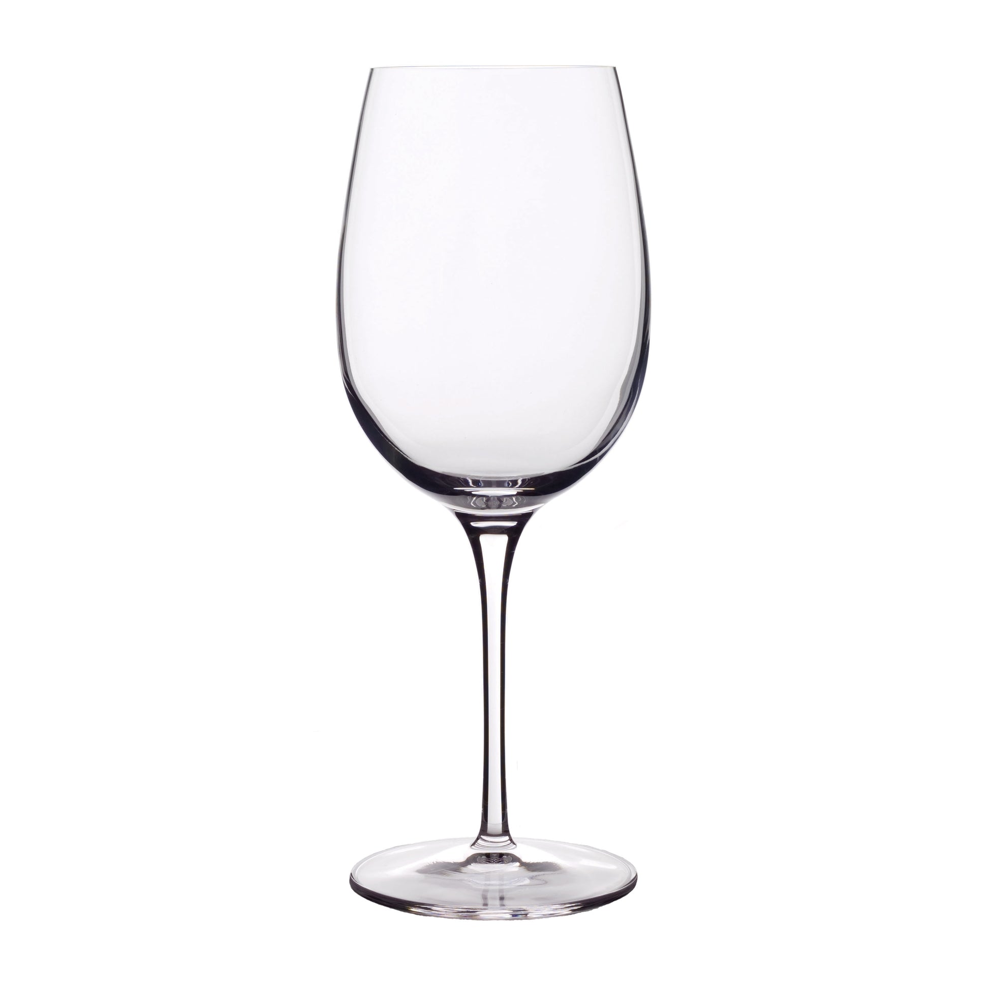 A clear, Vinoteque Ricco red wine glass with a round shape and a long stem and flat foot, made from high-tech crystal glass on a white background