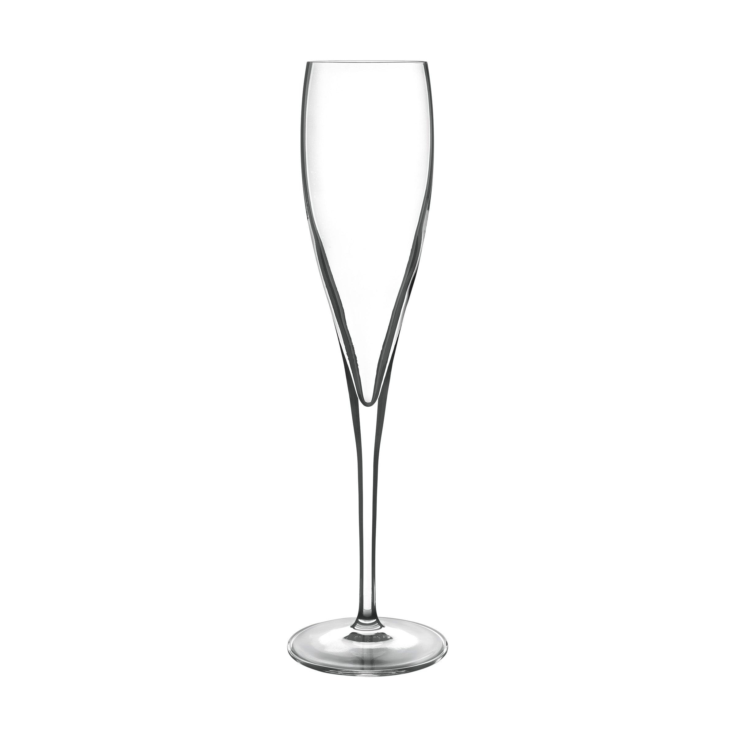 A clear empty sparkling wine flute with a long stem and a narrow bowl, made from high-tech crystal glass standing on a white background