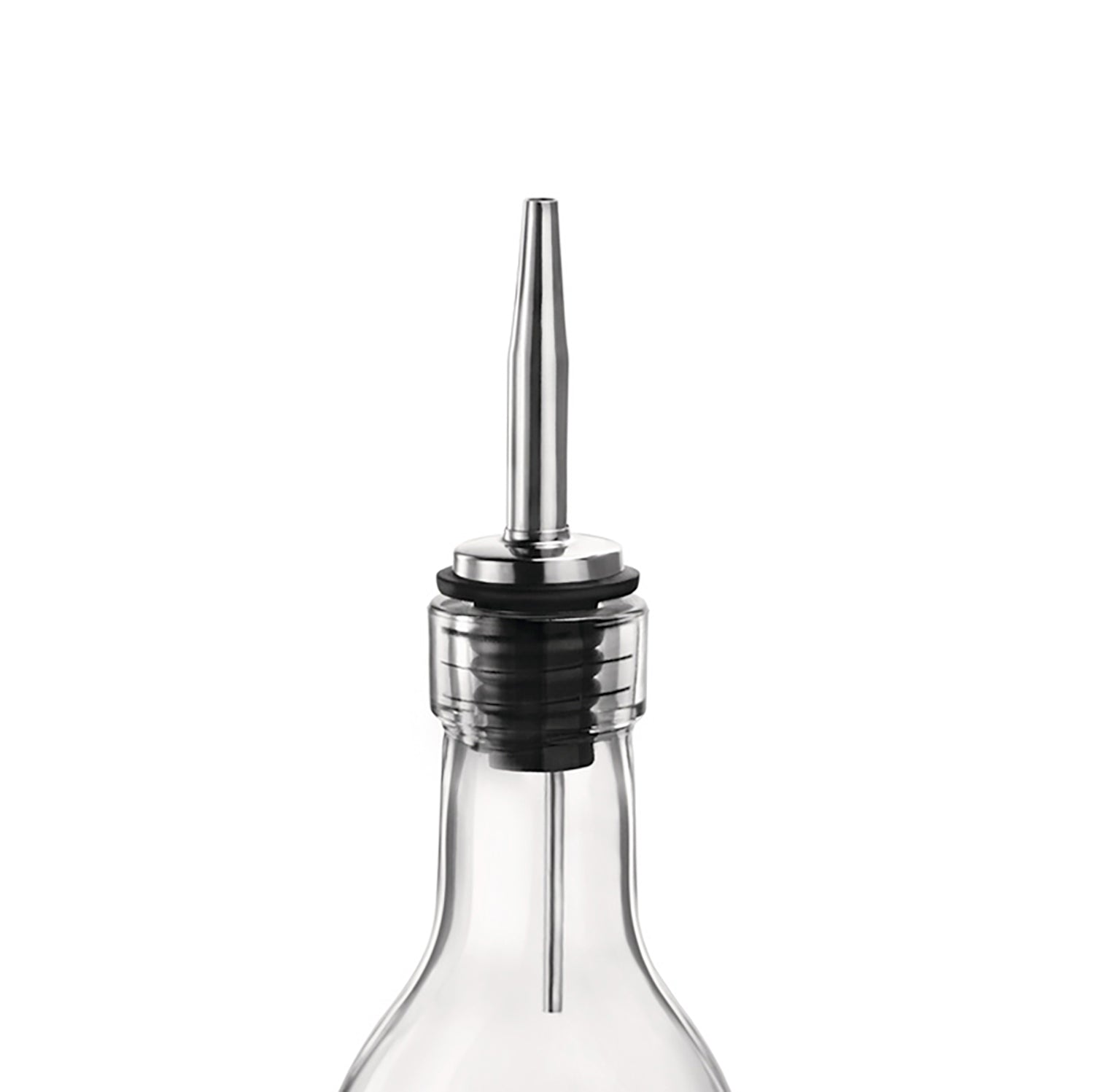 A close-up of a clear glass bottle with a silver stainless steel pourer attached to its top.